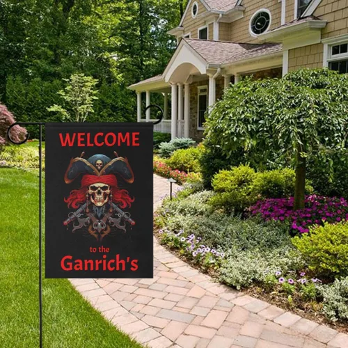 Miniatura 5 de Bandera de pirata de bienvenida personalizada con tu nombre, bandera de jardín de 12 x 18 pulgadas, bandera náutica de barco de doble cara, regalos