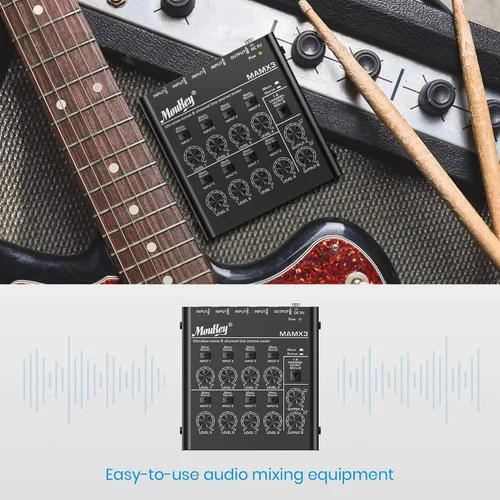 Miniatura 6 de Mezclador de audio Moukey, DC 5V, 8 canales estéreo ultra, mezclador de línea de 8 canales de bajo ruido para sub-mezcla, para pequeños clubes