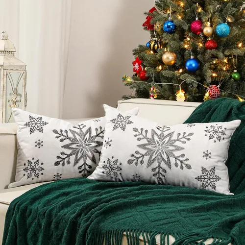 Miniatura 9 de Lewondr Fundas de almohada decorativas de Navidad, bordado de copos de nieve 16x16, fundas de almohada para el hogar, Navidad dorada, decorativas