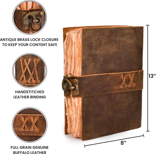 Miniatura 4 de LEATHER VILLAGE - Diario encuadernado en cuero vintage para mujeres y hombres - Libro de sombras - Cierre con llave - 200 páginas de papel artesanal