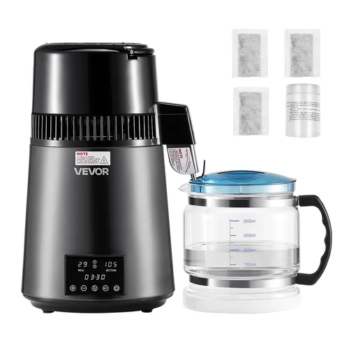 VEVOR Destilador de Agua de 1750W, Fabricante de Agua Destilada de 0.4 Gal/H con Garrafa de Vidrio, Máquina Destiladora de Encimera de 4L/1.1 Gal,