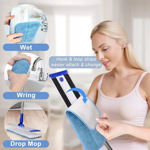 Miniatura 4 de Sistema de limpieza profesional de piso de microfibra de 18 pulgadas, trapeador plano con mango de acero inoxidable, 4 almohadillas lavables Azul