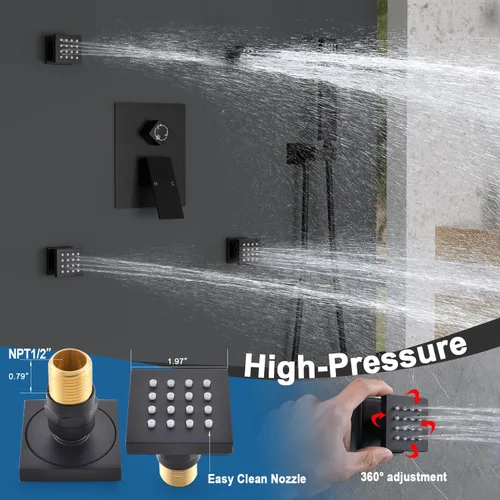 Miniatura 4 de Enga Sistema de ducha de lluvia negro mate con 4 chorros corporales, ducha de lluvia de 12 pulgadas montada en pared, sistema de cabezal de ducha