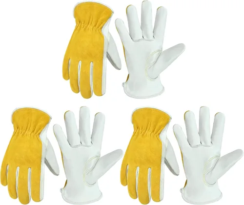 Miniatura 30 de HANDLANDY Guantes de jardinería de cuero para hombre, guantes de trabajo utilitarios para mecánicos, construcción, conductor 3 pares amarillo