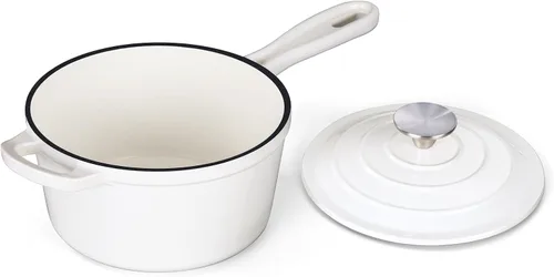 Miniatura 27 de Onader Sartén de hierro fundido esmaltado, cacerola pequeña de 1 cuarto de galón con tapa, olla de hierro fundido, horno holandés esmaltado, Blanco