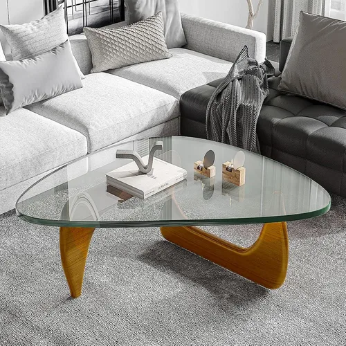 Miniatura 3 de Mesa de Centro Triangular con Base de Madera, Superficie de Vidrio Transparente, Mesa de Vidrio de Mediados de Siglo, Mesa Auxiliar Abstracta