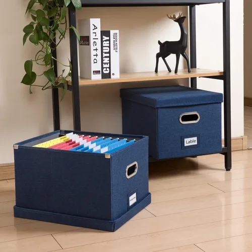 Miniatura 3 de PRANDOM Caja organizadora de archivos, juego de 2 carpetas plegables decorativas de lino para almacenamiento de archivos colgantes con tapas, Azul
