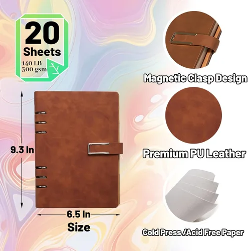 Miniatura 5 de Cuaderno de bocetos profesional de acuarela con carpeta de 6 anillas, 20 hojas de papel de prensa en frío 100% algodón 100% algodón sin ácidos, 9.25