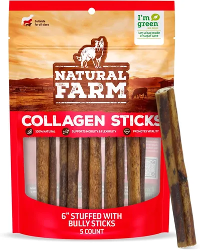 Natural Farm Bully Sticks - Palitos de colágeno rellenos para perros (6 pulgadas, paquete de 5), colágeno sin piel cruda, masticables naturales para