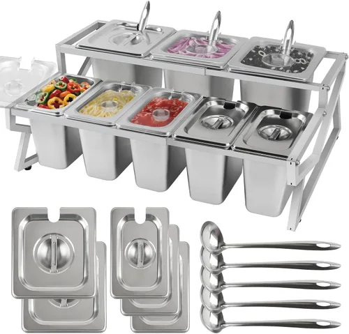 Miniatura 10 de Kalolary Estación de Almacenamiento para 8 Bandejas de Pizza con Tapas, Contenedores de Acero Inoxidable para Condimentos con Cucharas, Juego