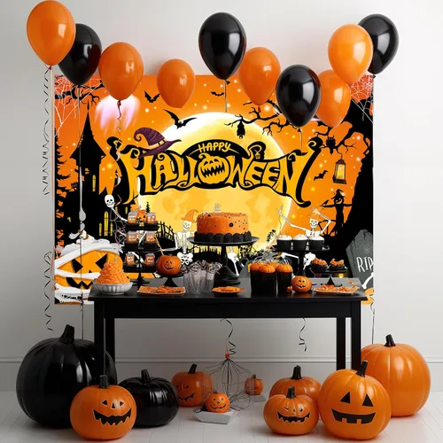 Miniatura 3 de Mocsick - Telón de fondo de Halloween para fotografía, noche naranja, luna, decoración de fiesta de Halloween, truco o trato, calavera, calabaza