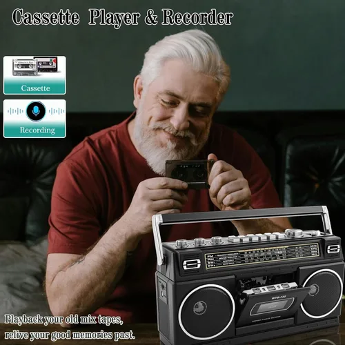 Miniatura 5 de Boombox portátil estilo retro clásico de los años 80 con reproductor grabador de casete, radio AM/FM/SW1/SW2, Bluetooth, ranuras USB/Micro SD