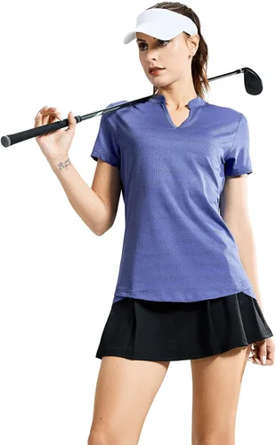 Miniatura 5 de MIER Polo de golf para mujer, sin cuello, UPF 50+, manga corta, para tenis, correr, cuello en V