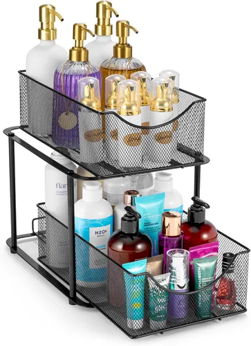 Sorbus Organizador de metal para debajo del fregadero de 2 niveles para baño, cocina, cajones deslizantes de malla de acero fuerte para debajo del