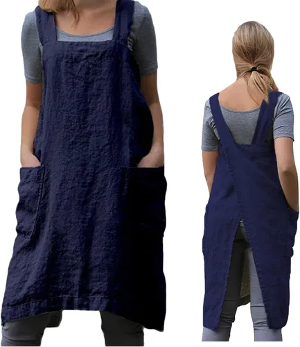 ZQFFB Pinafore - Delantal con espalda cruzada para mujer, con bolsillos, bata japonesa para el trabajo, jardinería, cocina, pintura, hornear Azul