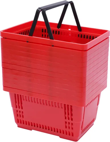 Cesta de la compra, 12 cestas de compras de plástico con asas de 17 x 12 x 9 pulgadas, cestas de tienda al por menor, material de polipropileno Rojo