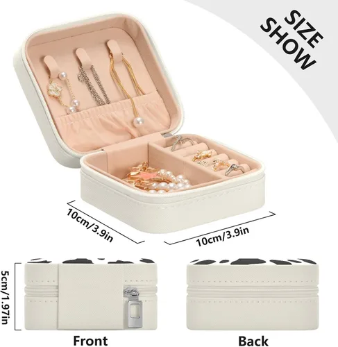Miniatura 4 de Joyero cuadrado de viaje con estampado de vaca de piel sintética, pequeño organizador de joyas para mujeres y niñas, estuche portátil de viaje