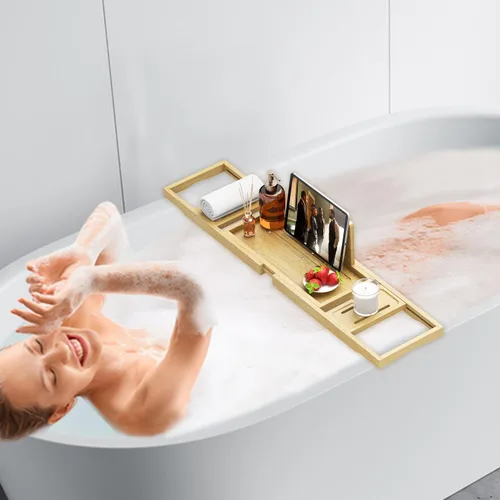 Miniatura 6 de Bandeja de bañera de alta calidad – Bandejas de baño de madera de bambú expandibles para bañera – Bandeja de mesa de bañera para bañera/bañera