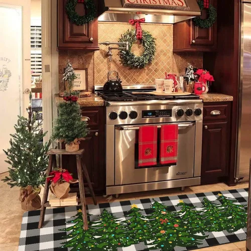 Miniatura 4 de Juego de 2 alfombras y tapetes de cocina de Feliz Navidad, a cuadros, pan de jengibre, chocolate caliente, Navidad, invierno, vacaciones, fregadero