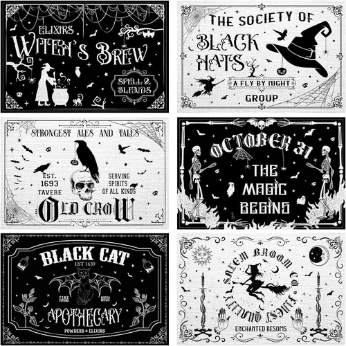 Miniatura 8 de Umigy 6 manteles individuales de Halloween de 12 x 18 pulgadas, manteles individuales góticos de murciélago para decoración de cocina, manteles