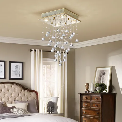 Miniatura 6 de Bestier - Candelabro dorado moderno de cristal cuadrado con gotas de lluvia, iluminación pareja para montaje; lámpara LED colgante con montaje