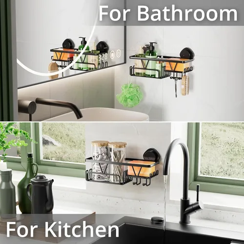 Miniatura 6 de KEGII Organizador de ducha con ventosa con soporte para jabón y ganchos, estante organizador de baño de succión extraíble, organizador de ducha sin