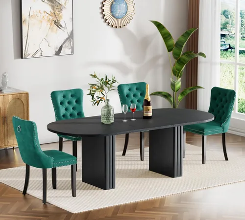 Miniatura 11 de Juego de 4 mesas de comedor extensibles, mesa de comedor ovalada negra y 4 sillas de comedor de terciopelo negro con patas de madera, juego de mesa