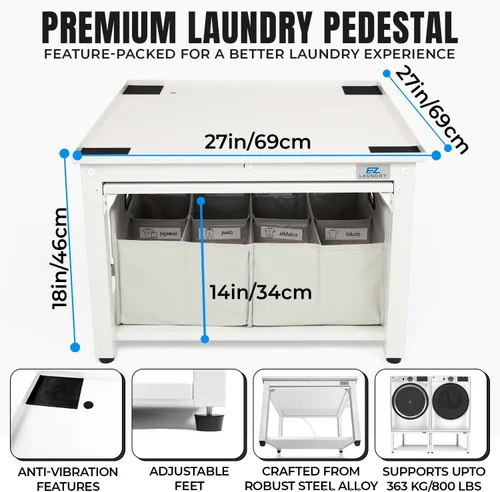 Miniatura 3 de Pedestal para lavadora y secadora con estante extraíble, 27 pulgadas de ancho, 18 pulgadas de alto, acero blanco, ajuste universal con las Blanco