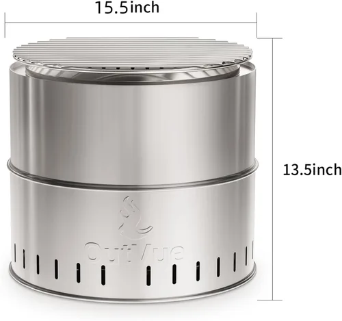 Miniatura 6 de OutVue Fogón de acero inoxidable de 15.5 pulgadas sin humo con parrilla, fogón sin humo al aire libre, fogones de leña para campamento, fogata