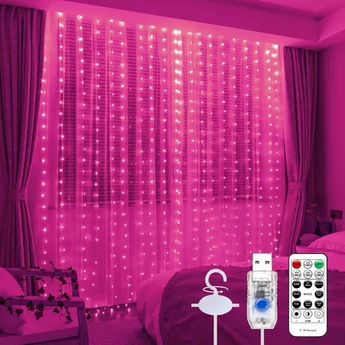 Miniatura 14 de Luz de cortina blanca cálida para dormitorio, 300 LED, 3m x 3m, luz de cadena de hadas para ventana con 16 ganchos, 8 modelos, control remoto