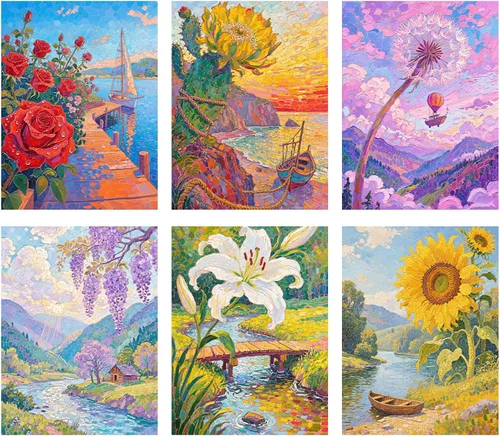 Miniatura 10 de Leatrice Paquete de 6 kits de pintura de diamantes para adultos, kits de arte de diamantes 5D, pinturas de puntos de gemas redondas, taladro