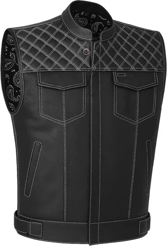 Miniatura 12 de Jackets 4 Bikes SOA Chaleco de Motocicleta para Hombre, Cuero Genuino de Búfalo, Armadura Trasera, Bolsillos Interiores, Chalecos de Club de Negro