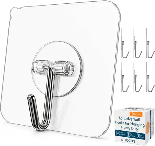 GLUIT Ganchos adhesivos de pared para colgar, ganchos resistentes de 22 libras para paredes, sin daños, gancho transparente adhesivo para toallas,