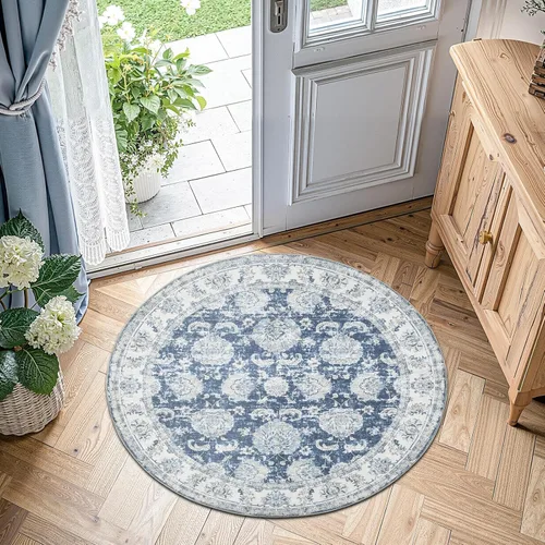 Miniatura 157 de Jinchan Fiora - Alfombra redonda de 8 pies, alfombras vintage con diseño floral envejecido, lavable a máquina, antideslizante, de pelo bajo, Azul