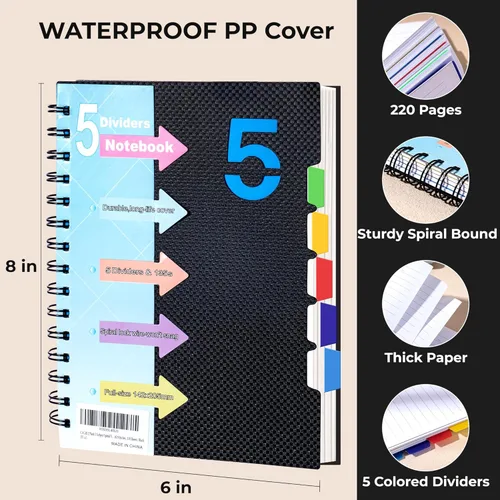 Miniatura 5 de CAGIE Cuaderno de 5 asignaturas con divisores, 220 páginas, cuadernos en espiral con pestañas de 5 x 7 pulgadas, cuaderno encuadernado en espiral A5