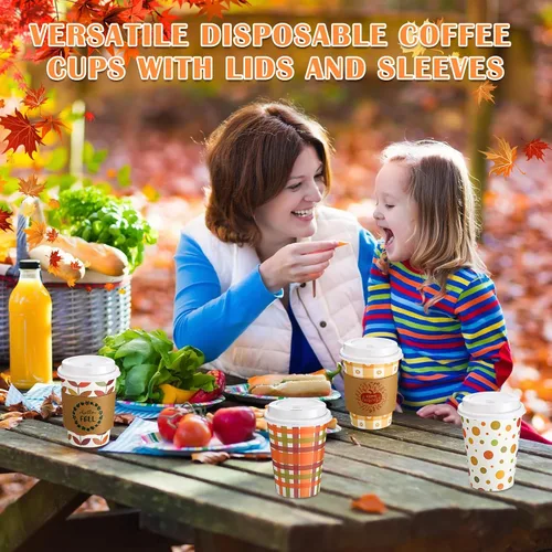 Miniatura 6 de Lallisa Paquete de 100 tazas de café de papel de Acción de Gracias de 12 onzas con tapas y mangas, tazas de café desechables para otoño, Acción
