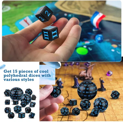 Miniatura 6 de Civaner Juego completo de 15 dados poliédricos D3-D100 esféricos RPG en negro opaco, 100 lados para juegos de rol, suministros de fiesta