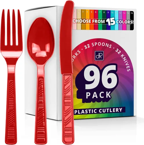 Miniatura 8 de DecorRack Juego de cubiertos de plástico de color azul real para fiestas, 96 piezas de utensilios resistentes a granel (azul rey, 96 piezas)