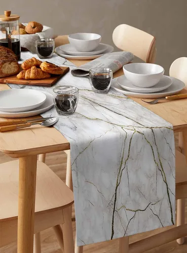 Miniatura 6 de Camino de mesa de mármol, algodón y lino, pequeño de 36 pulgadas, bufandas de tocador de color blanco, gris, dorado, textura para cocina, café