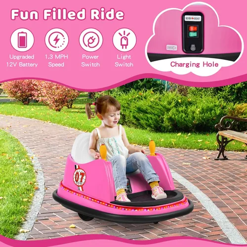 Miniatura 5 de HONEY JOY Coche de parachoques para niños pequeños de 12 V, funciona con batería, joysticks duales, luz LED intermitente y giro de 360 grados, Rosa