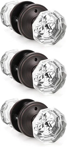 Miniatura 19 de Gobrico Pomo de puerta de cristal para dormitorio y baño con roseta clásica negro mate, diamante transparente octogonal para puerta interior, 1