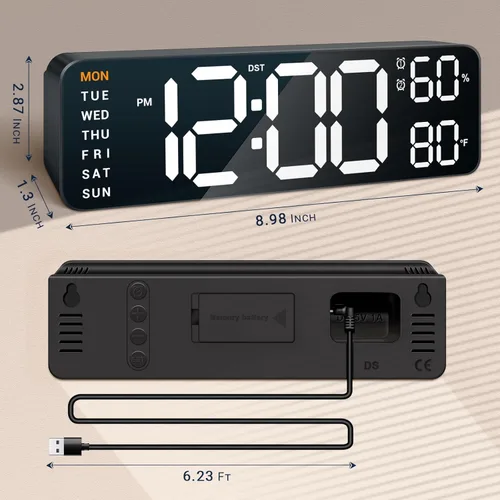Miniatura 5 de Reloj de pared digital de 10": Reloj de doble alarma con montaje en pared, decoración para sala de estar, aula, escritorio de oficina, regalos