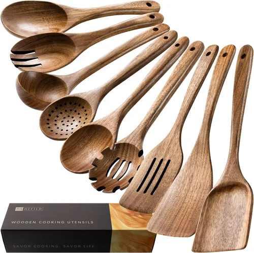 Cucharas de madera para cocinar, juego de utensilios de cocina antiadherentes con 9 espátulas de madera de acacia y cucharas para cocinar, excelente