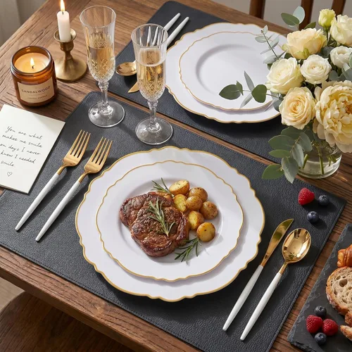 Miniatura 11 de WDF - Vajilla de plástico desechable para 30 invitados platos color oro y cubiertos color oro con mango blanco - Vajilla de plástico barroco blanco