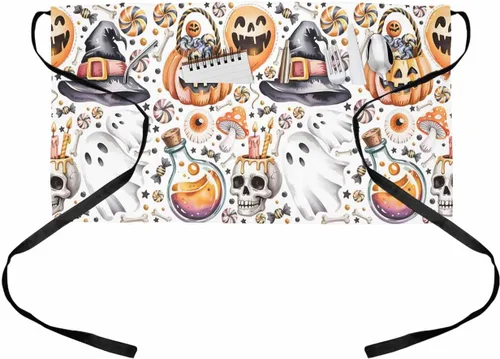 DecorLovee Delantal de camarera de Halloween con 3 bolsillos, diseño de esqueleto de globo de calabaza, delantal de servidor fantasma, delantal de