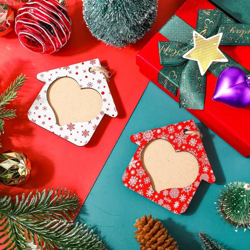 Miniatura 5 de 12 piezas de adornos de Navidad, marcos de fotos de copo de nieve de madera para árbol de Navidad, pequeños marcos de fotos colgantes para árbol