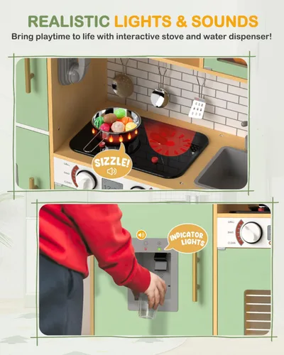 Miniatura 3 de Babytronic Juego de cocina de madera para niños, cocina de juego interactiva con luces y sonidos, juego de cocina de juguete para niños con grifo