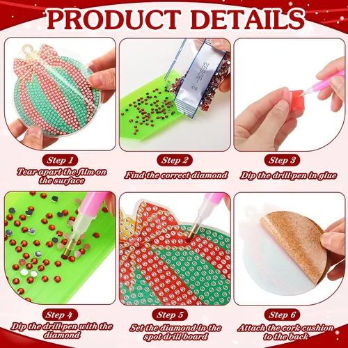 Miniatura 3 de FairySandy 10 piezas de posavasos de pintura de diamante de Navidad Posavasos de arte de diamante de bola de Navidad con soporte Posavasos de bola