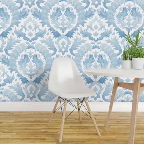 Miniatura 3 de Muestro de papel tapiz extraíble – Acuarela Damasco Botánico Floral Azul Claro Monocromo Clásico Barroco Hoja de Acanto Papel pintado personalizado