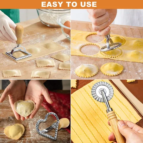 Miniatura 5 de Cortador de pasta de ravioles con rueda de rodillo (juego de 6), juego de cortador de ravioles con mango de madera, herramientas para hacer bolas